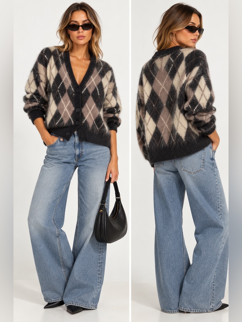 Argyle V-Neck Button Cardigan Sweater - Black & Cream